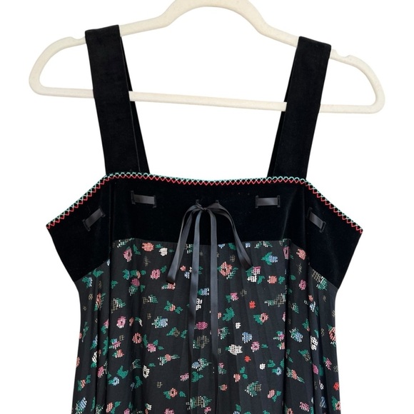 Vintage Velvet Trim Bow Front Floral Midi Dress Black Multi Cottagecore Feminine - Picture 3 of 7